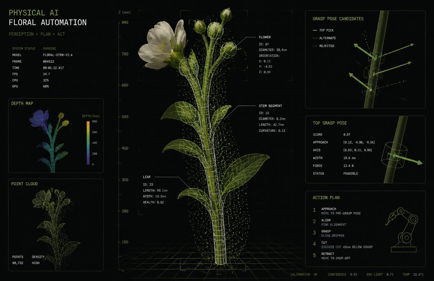 Physical AI perception overlay on a real flower stem